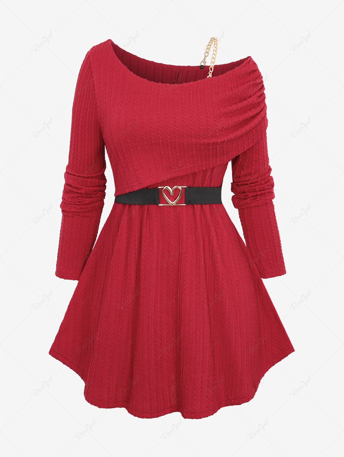 Outfits Plus Size One Shoulder Textured Ribbed Cinched Solid Long Sleeves Knit Top with Removeble Chain and Heart Buckle Belt  