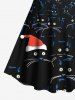 Robe Ligne A 3D Chat et Chapeau de Noël Imprimés de Grande Taille à Paillettes - Noir 4X