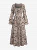 Gothic Poet Sleeves Ruched Frilled Distressed Floral Print A Line Dress -  
