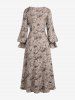 Gothic Poet Sleeves Ruched Frilled Distressed Floral Print A Line Dress -  