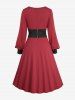 Plus Size Surplice Ruffles Bishop Sleeve A Line Chinese Style Dress with Bowknot Tie Belt -  