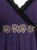 Plus Size Cold Shoulder Flare Sleeves Lace Trim Ruched Knit Top with Butterfly Buckle Belt -  
