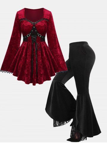 Lace-up Grommets Buckle Rivet Lace Trim Bell Sleeve Velvet Top and Floral Lace Split Layered Flare Pants Plus Size Outfit