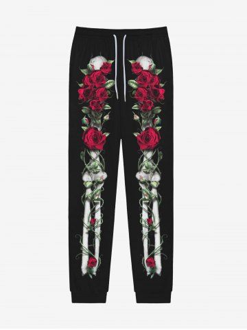 Pantalon de Survêtement avec Cordon de Serrage à Imprimé Squelette et Fleurs Style Gothique pour Hommes - BLACK - XXS