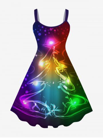 Plus Size Colorful Glitter Christmas Tree Bell Light Print Ombre A Line Tank Dress - MULTI-A - XS