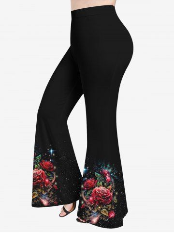 Plus Size Rose Flowers Star Sparkling Sequin Glitter 3D Print Flare Disco Pants - BLACK - M