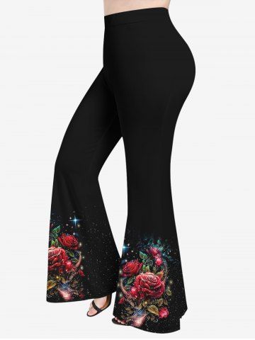 Plus Size Rose Flowers Star Sparkling Sequin Glitter 3D Print Flare Disco Pants - BLACK - L