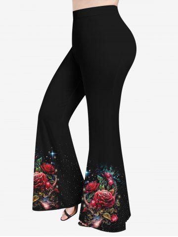 Plus Size Rose Flowers Star Sparkling Sequin Glitter 3D Print Flare Disco Pants