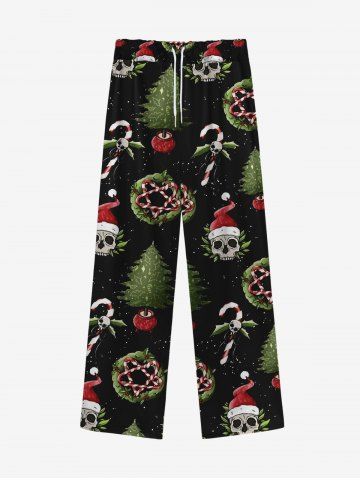 Gothic Christmas Tree Hat Skulls Wreath Candy Print Drawstring Wide Leg Sweatpants For Men - BLACK - L