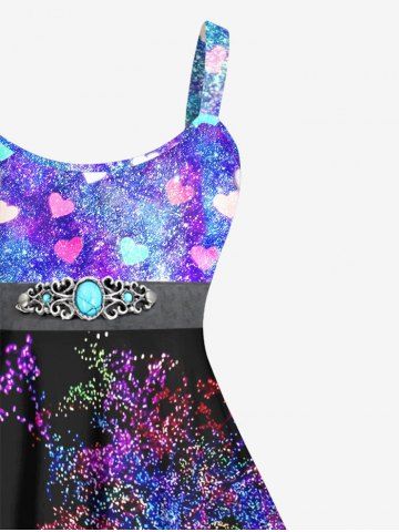 Plus Size Valentine's Day Colorful Heart Tree Buckle Belt Sparkling Sequin Glitter 3D Print Tank Party Dress