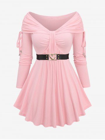 Plus Size Cinched Turndown Collar Ribbed Textuerd Ruched Top With Heart Buckle Belt - LIGHT PINK - 1X | US 14-16