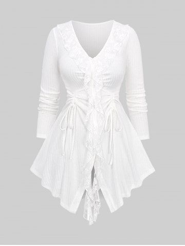 Plus Size Floral Lace Trim Ruffles Cinched Button Up Ribbed Textured Sweater - WHITE - 1X | US 14-16
