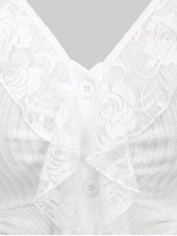 Plus Size Floral Lace Trim Ruffles Cinched Button Up Ribbed Textured Sweater
