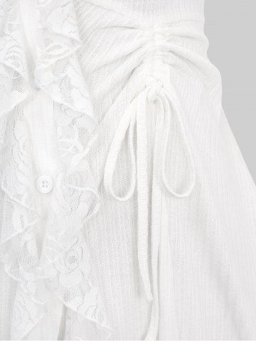 Plus Size Floral Lace Trim Ruffles Cinched Button Up Ribbed Textured Sweater