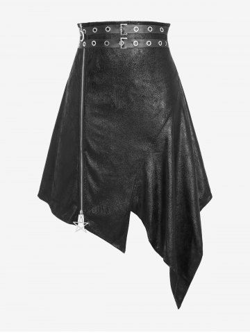 Plus Size Buckle Grommets PU Leather Moon Star Zipper Asymmetrical Skirt - BLACK - L | US 12