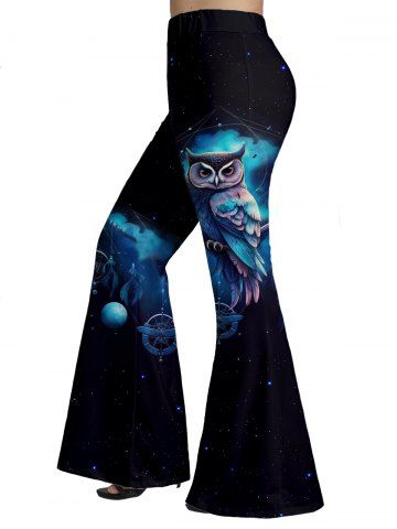 Plus Size Owl Galaxy Print Long Flare Pants - MIDNIGHT BLUE - 1X | US 16