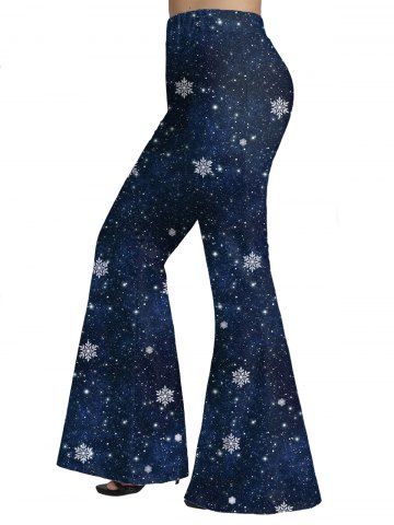 Plus Size Christmas Snowflake Galaxy Print Long Flare Pants - MIDNIGHT BLUE - L | US 14