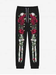 Pantalon de Survêtement avec Cordon de Serrage à Imprimé Squelette et Fleurs Style Gothique pour Hommes - Noir XS