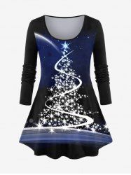 T-shirt Ombré Sapin de Noël et Galaxie Imprimés de Grande Taille à Paillettes - Bleu profond M