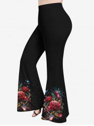 Plus Size Rose Flowers Star Sparkling Sequin Glitter 3D Print Flare Disco Pants -  