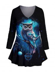 Plus Size Owl Galaxy Print Long Sleeve T-shirt -  