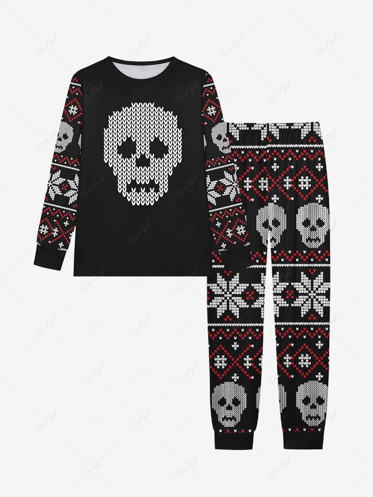 Chic Gothic Christmas Snowflake Skulls Knitted 3D Print T-shirt and Jogger Pants Pajama Set For Men  