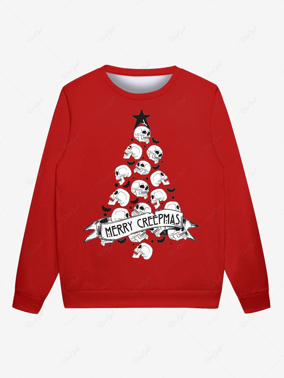 Gothic Christmas Tree Skulls Star Bat Ribbon Print Sweatshirt For Men Rouge 6XL