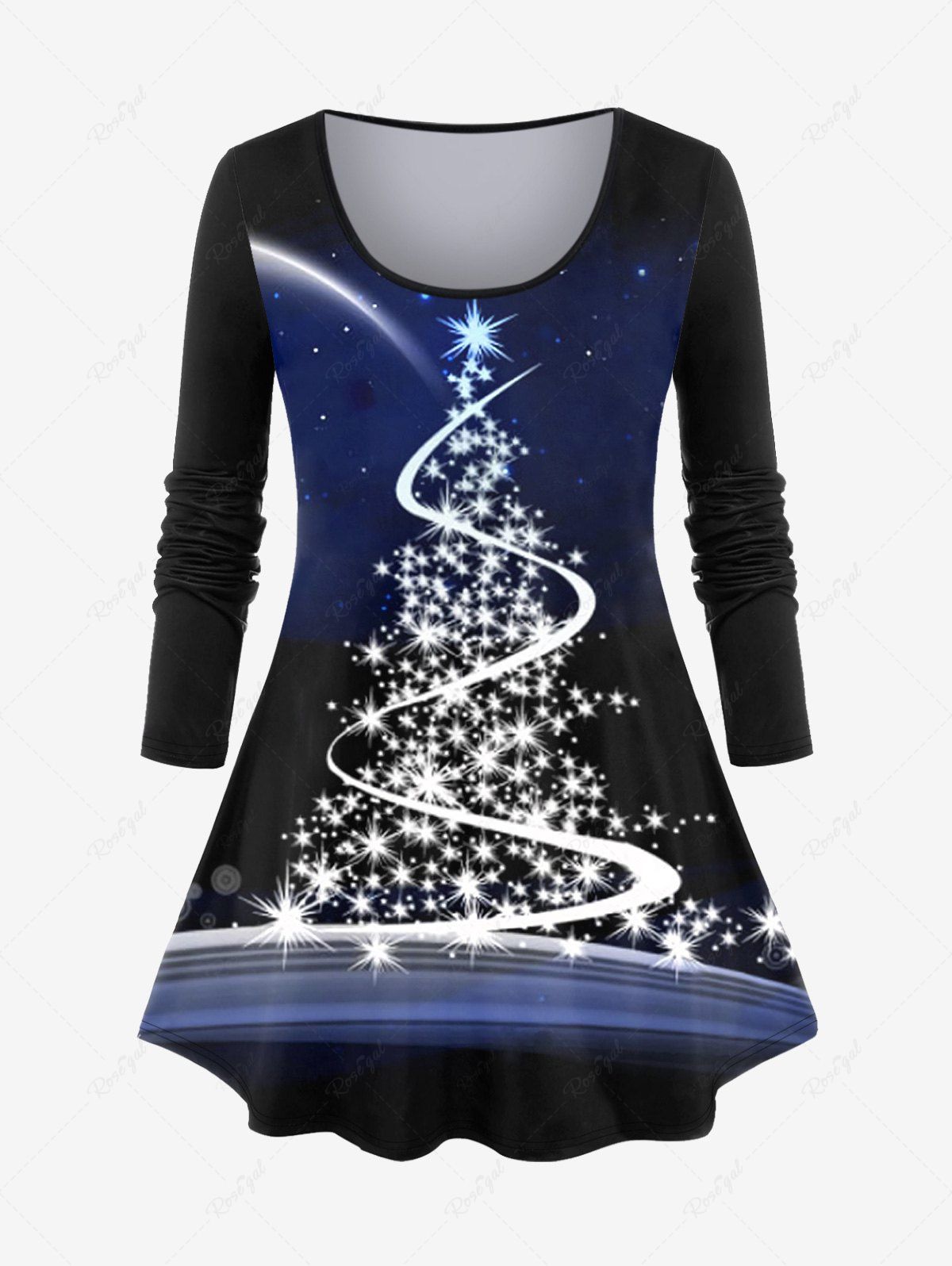 T-shirt Ombré Sapin de Noël et Galaxie Imprimés de Grande Taille à Paillettes Bleu profond 1X