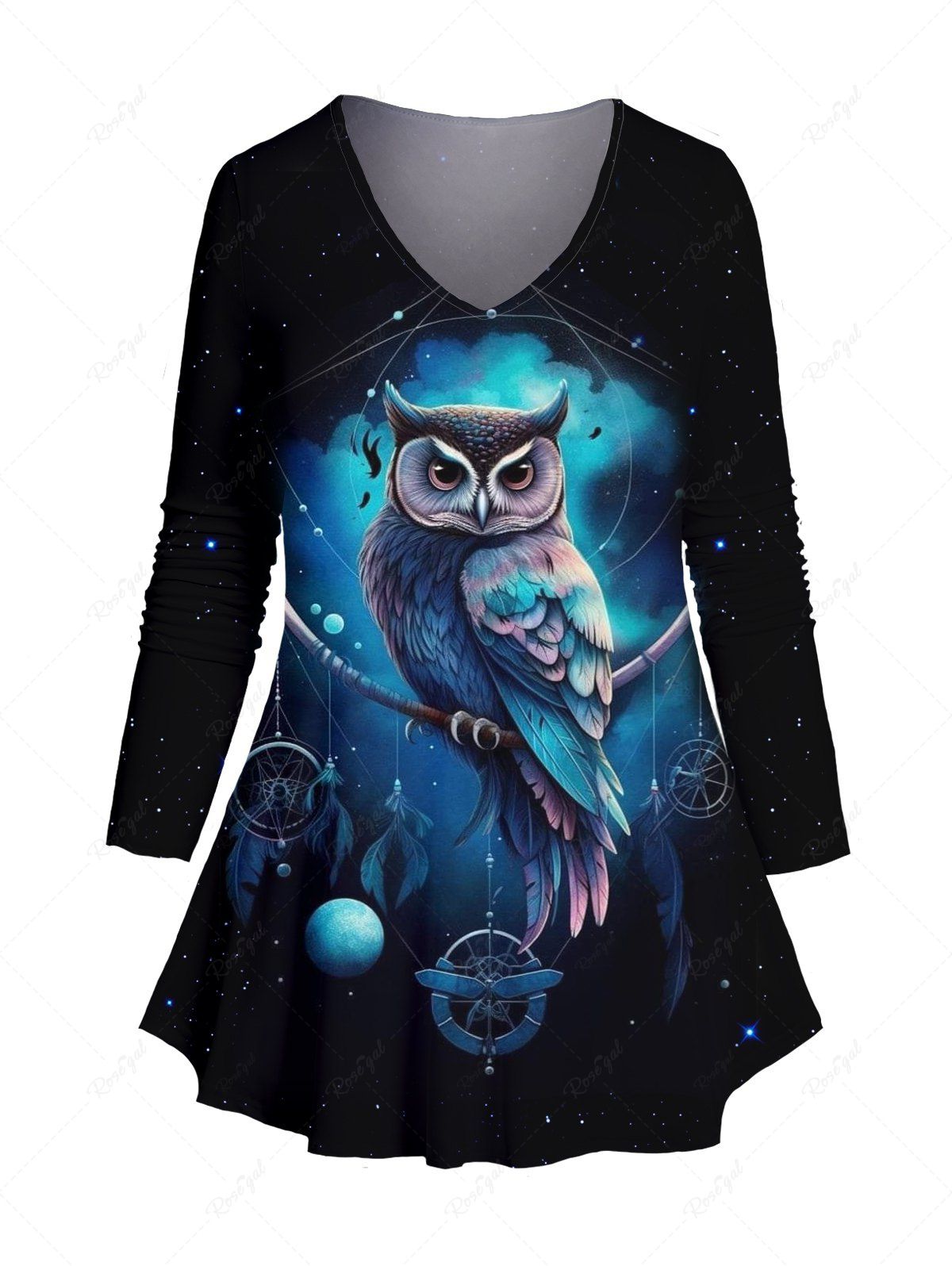 Hot Plus Size Owl Galaxy Print Long Sleeve T-shirt  
