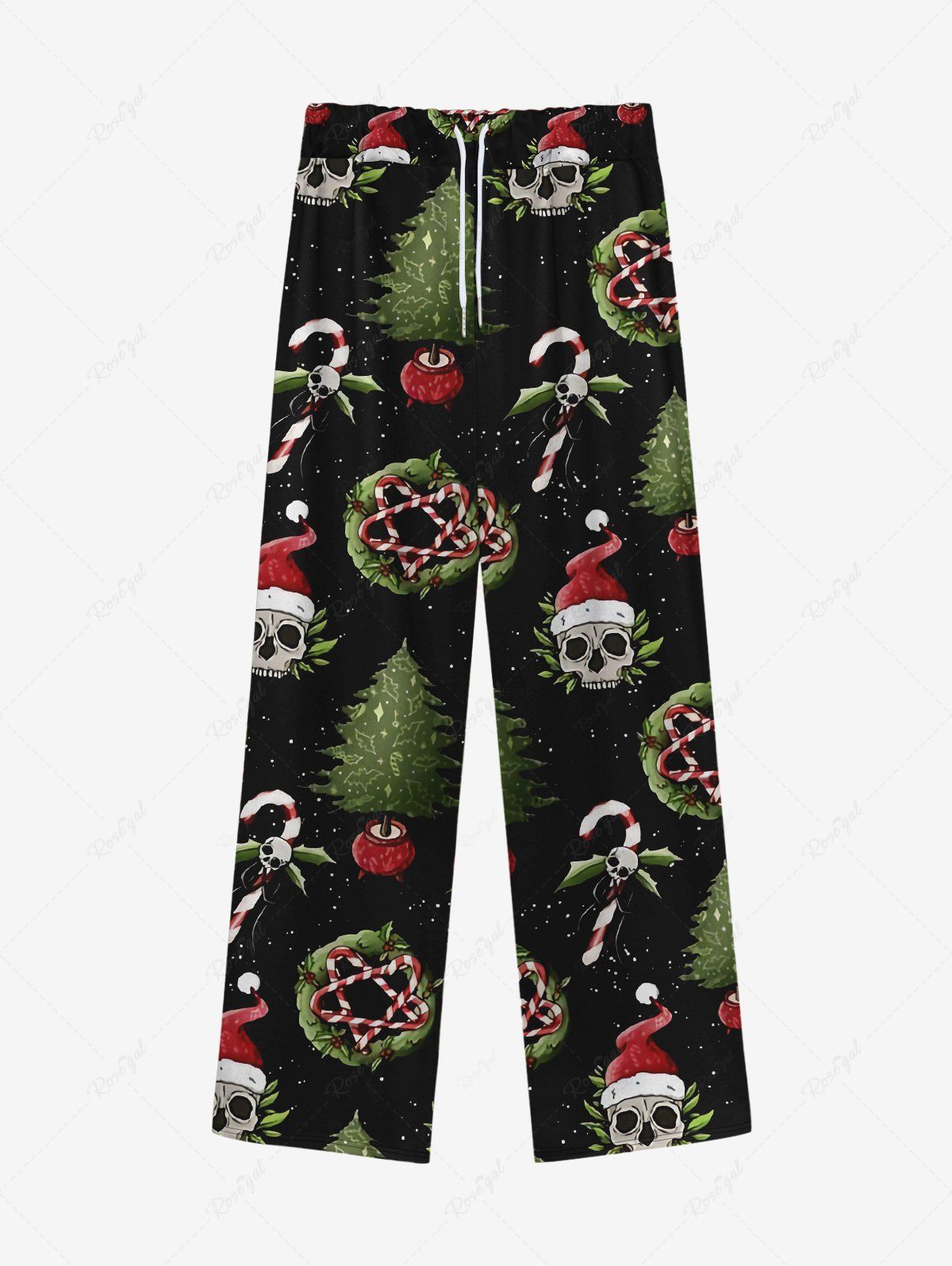 Fancy Gothic Christmas Tree Hat Skulls Wreath Candy Print Drawstring Wide Leg Sweatpants For Men  