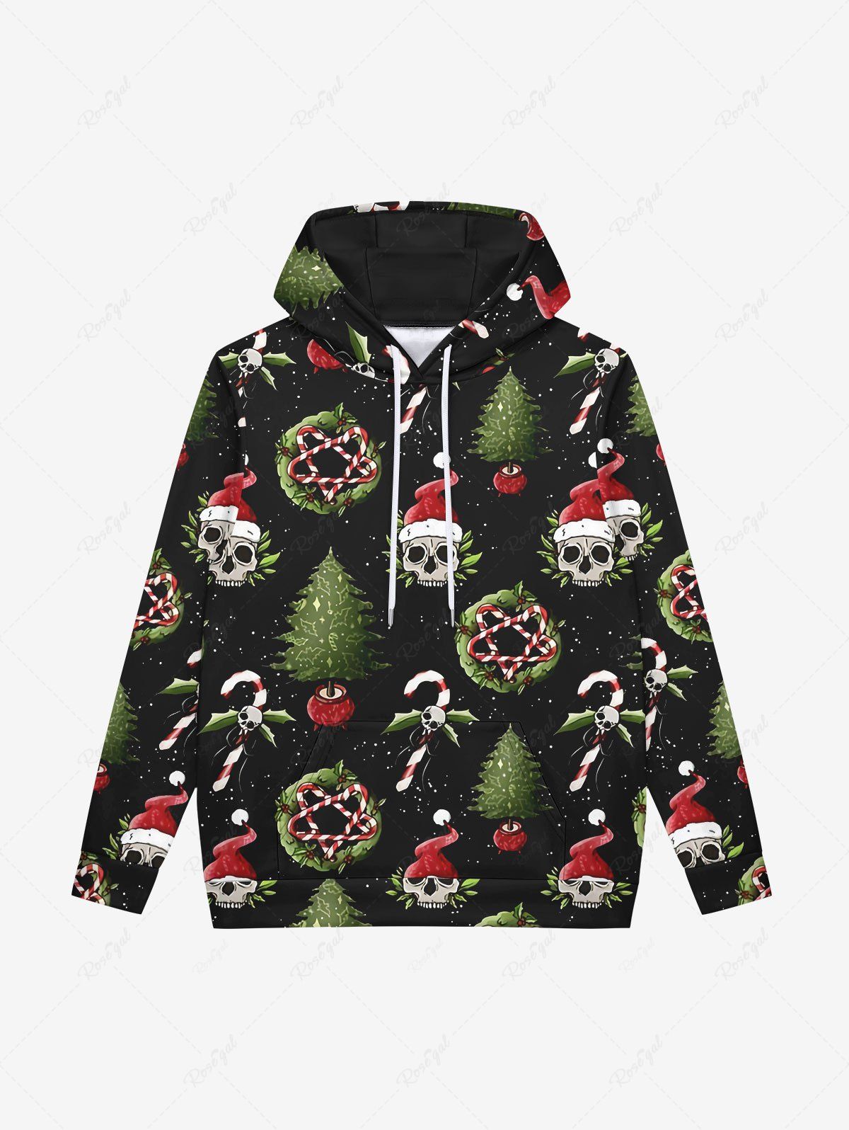 Shop Gothic Christmas Tree Hat Skulls Wreath Candy Print Fleece Lining Drawstring Hoodie For Men  