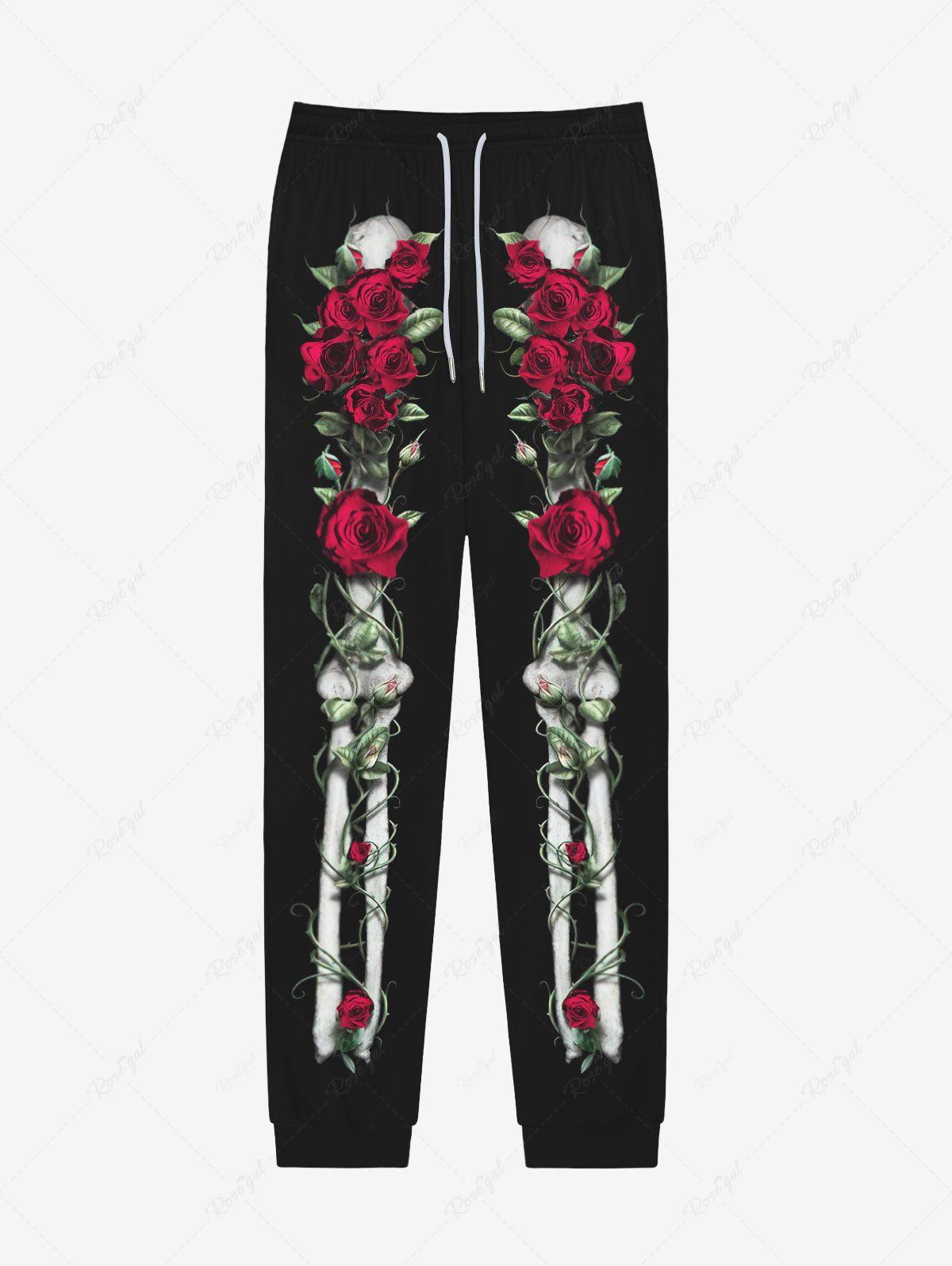 Chic Gothic Skeleton Rose Flowers Print Drawstring Pockets Sweatpants For Men  