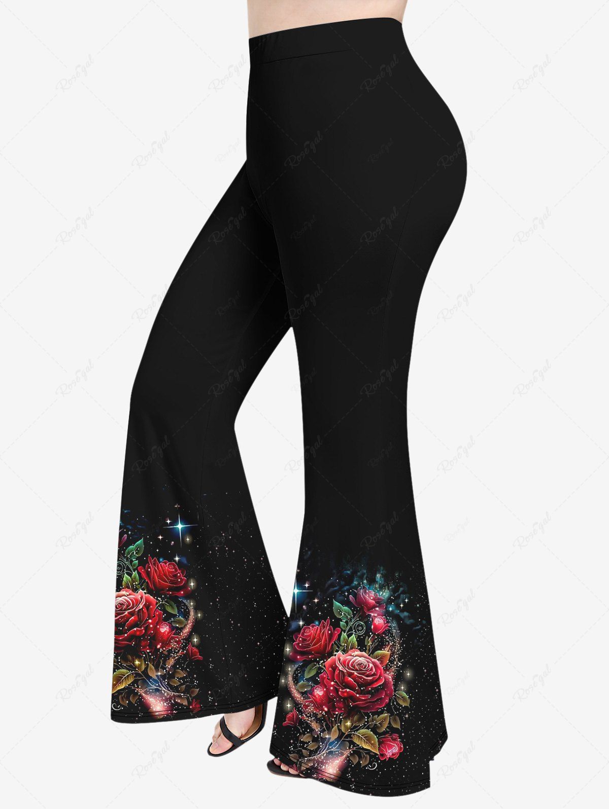 Fashion Plus Size Rose Flowers Star Sparkling Sequin Glitter 3D Print Flare Disco Pants  