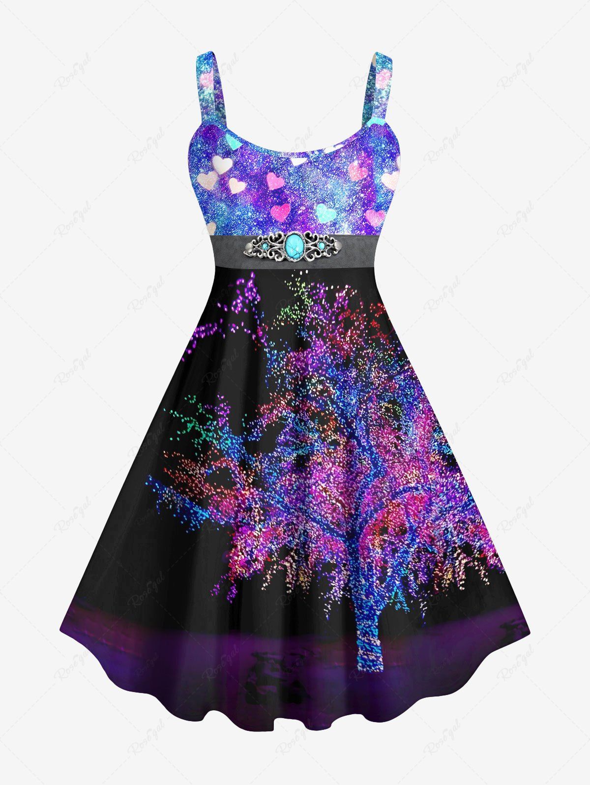 Shops Plus Size Valentine's Day Colorful Heart Tree Buckle Belt Sparkling Sequin Glitter 3D Print Tank Party Dress  