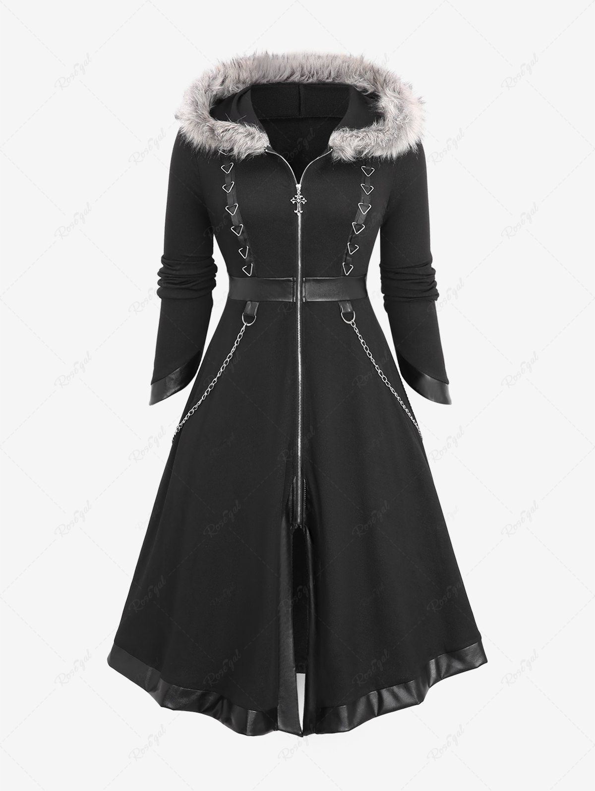 Latest Plus Size Chains PU Leather Stripe Triangle Ring Zip Up Asymmetric Cut Sleeve Cross Fluffy Trim Hooded Coat  