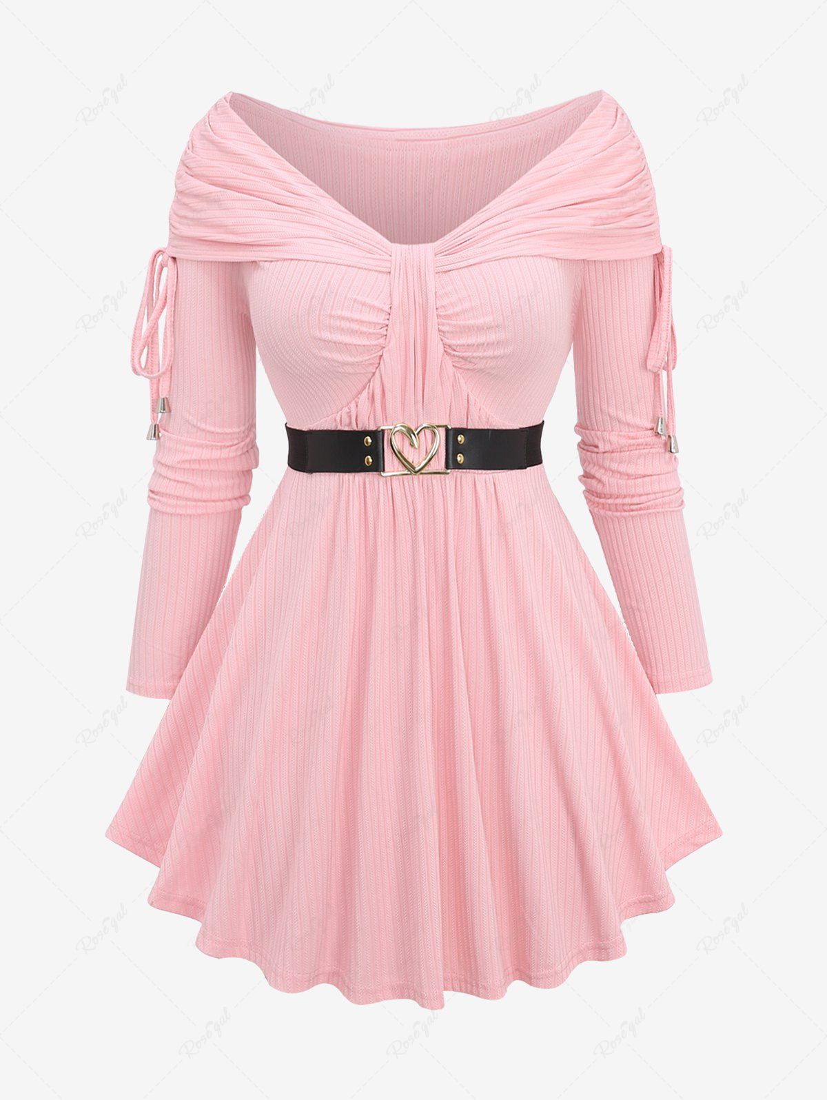 Outfit Plus Size Cinched Turndown Collar Ribbed Textuerd Ruched Top With Heart Buckle Belt  