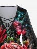 Plus Size Rose Flowers Star Glitter Sparkling Sequin 3D Print Lattice Crisscross Flare Sleeve Top -  
