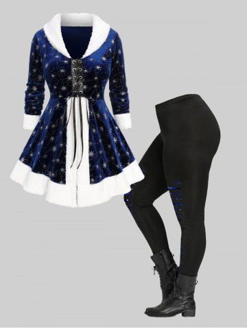 Lace Up Fur Trim Silver Stamping Velvet Coat and 3D Star Glitter Ripped Printed Skinny Leggings Plus Size Outfit - BLUE