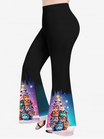 Plus Size Colorful Cat Christmas Tree Stars Snowflake Print Ombre Pull On Flare Pants - MULTI-A - 2X