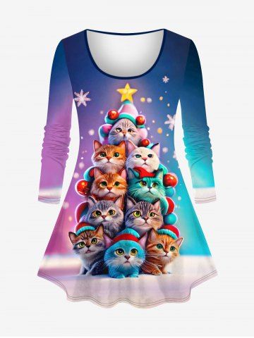 Plus Size Colorful Cat Christmas Tree Stars Snowflake Print Ombre Long Sleeves T-shirt - MULTI-A - 2X