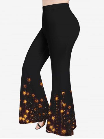 Plus Size Glitter Sparkling Christmas Light Stars Tassel Print Pull On Flare Pants - BLACK - L