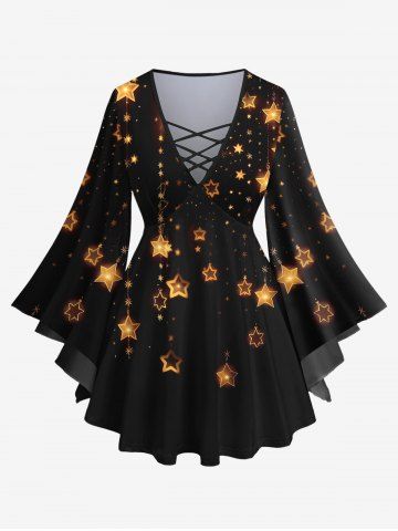 Plus Size Flare Sleeves Glitter Sparkling Christmas Light Stars Tassel Print Lattice Top - BLACK - XS