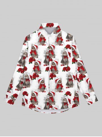 Gothic Buttons Christmas Hat Cat Rose Flower Bowknot Print Long Sleeves Shirt For Men - WHITE - M