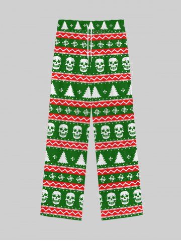 Gothic Christmas Tree Snowflake Striped Skulls Print Wide Leg Pull On Drawstring Sweatpants For Men - GREEN - L