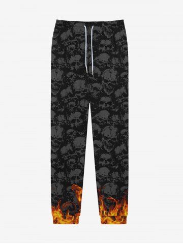 Gothic Distressed Skulls Fire Flame Print Pocket Drawstring Sweatpants For Men - BLACK - S