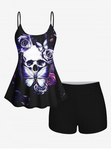 Distressed Rose Flower Butterfly Skull Printed Padded Boyleg Tankini Swimsuit (Adjustable Shoulder Strap) - CONCORD - L