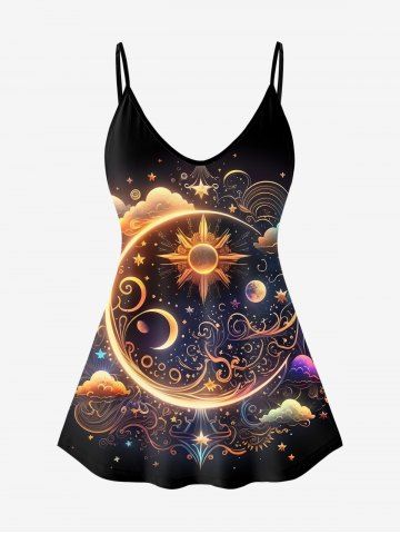 Gothic Glitter Moon Sun Star Cloud Printed Cami Top (Adjustable Shoulder Strap) - BLACK - 2X