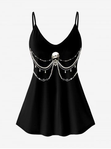 Gothic Skull Chain Tassel Print Cami Top(Adjustable Shoulder Strap) - BLACK - L