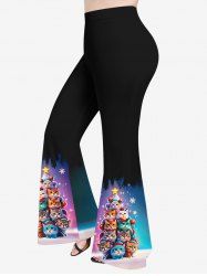 Plus Size Colorful Cat Christmas Tree Stars Snowflake Print Ombre Pull On Flare Pants -  