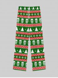 Gothic Christmas Tree Snowflake Striped Skulls Print Wide Leg Pull On Drawstring Sweatpants For Men -  